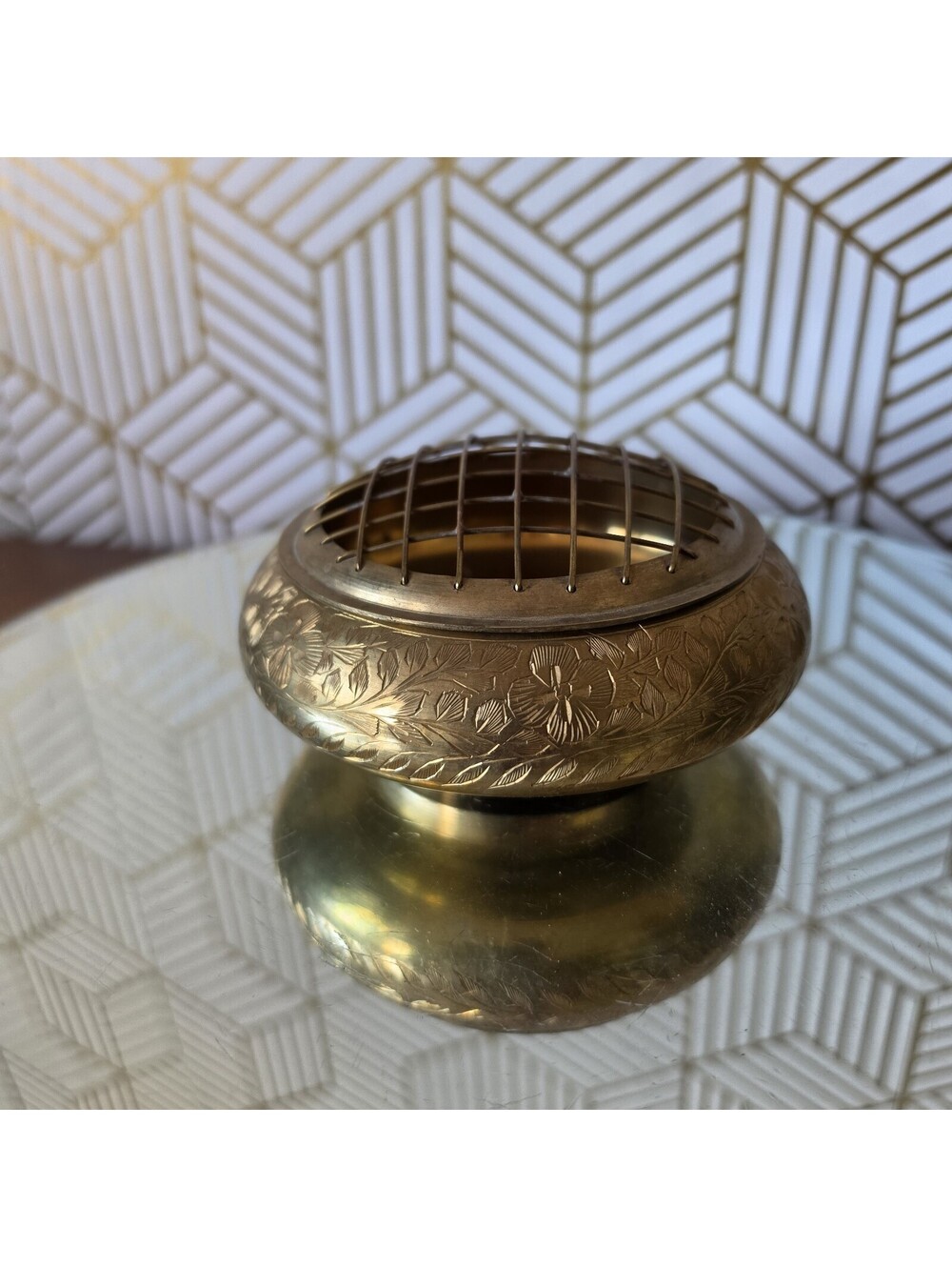 Vintage Etched Brass Flower Frog vase Display Incense Holder Bowl India